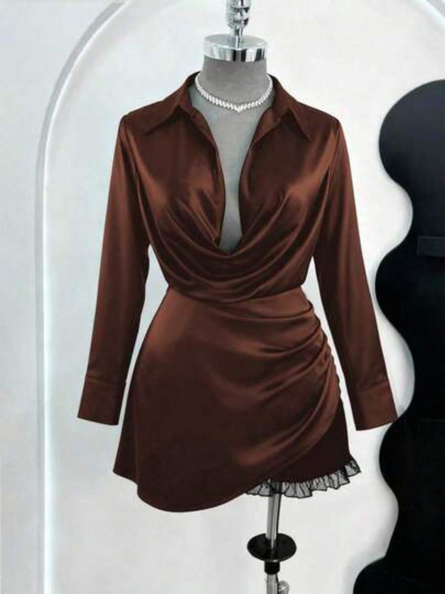 CURVE Vestido de fiesta de manga larga con cintura ceñida, cuello de camisa y silueta evasé, elegante y sexy - Marrón - Ver 1