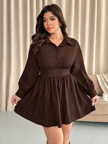 Vionelle Vestido de cuello de camisa tejido de manga larga con cintura recogida de unicolor, talla grande, otoño/invierno - Café integral - Ver 5