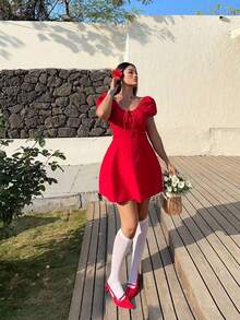 Vestido de verano/primavera de talla grande con cuello redondo, volantes, lazo, diseño romántico, vacaciones, dulce, ajustado, silueta evas - Negro - Ver 6