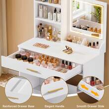 Makeup Vanity Desk With Mirror And Lights, Vanity Table With Storage Drawer And Open Shelves, Dressing Vanity For Bedroom, White - White - View 5