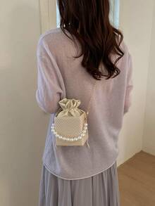 1pc Mini Pearl Chain Decor V-Neck Print PU Portable Drawstring Fashion Crossbody Bag Suitable For Women's Daily Use - Pink - View 5