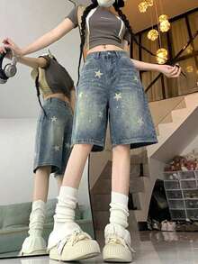 YCYC 美式復古牛仔 5 吋女款短褲，街頭直筒寬鬆修身顯瘦寬腿褲 - 淺色水洗藍 - 查看 2