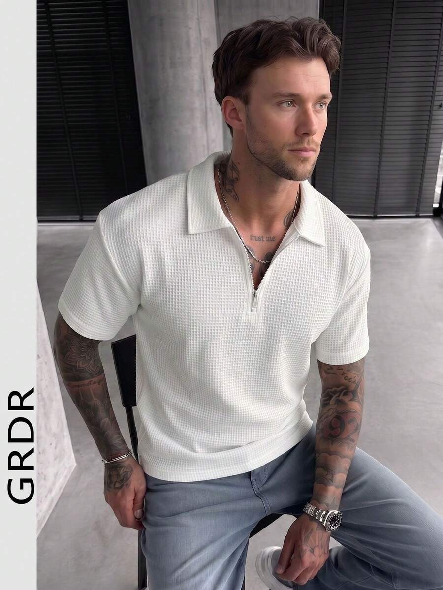 GRDR 1pc Simple Solid Color Short Sleeve Zipper Polo Shirt, Casual Men Top - White - View 1
