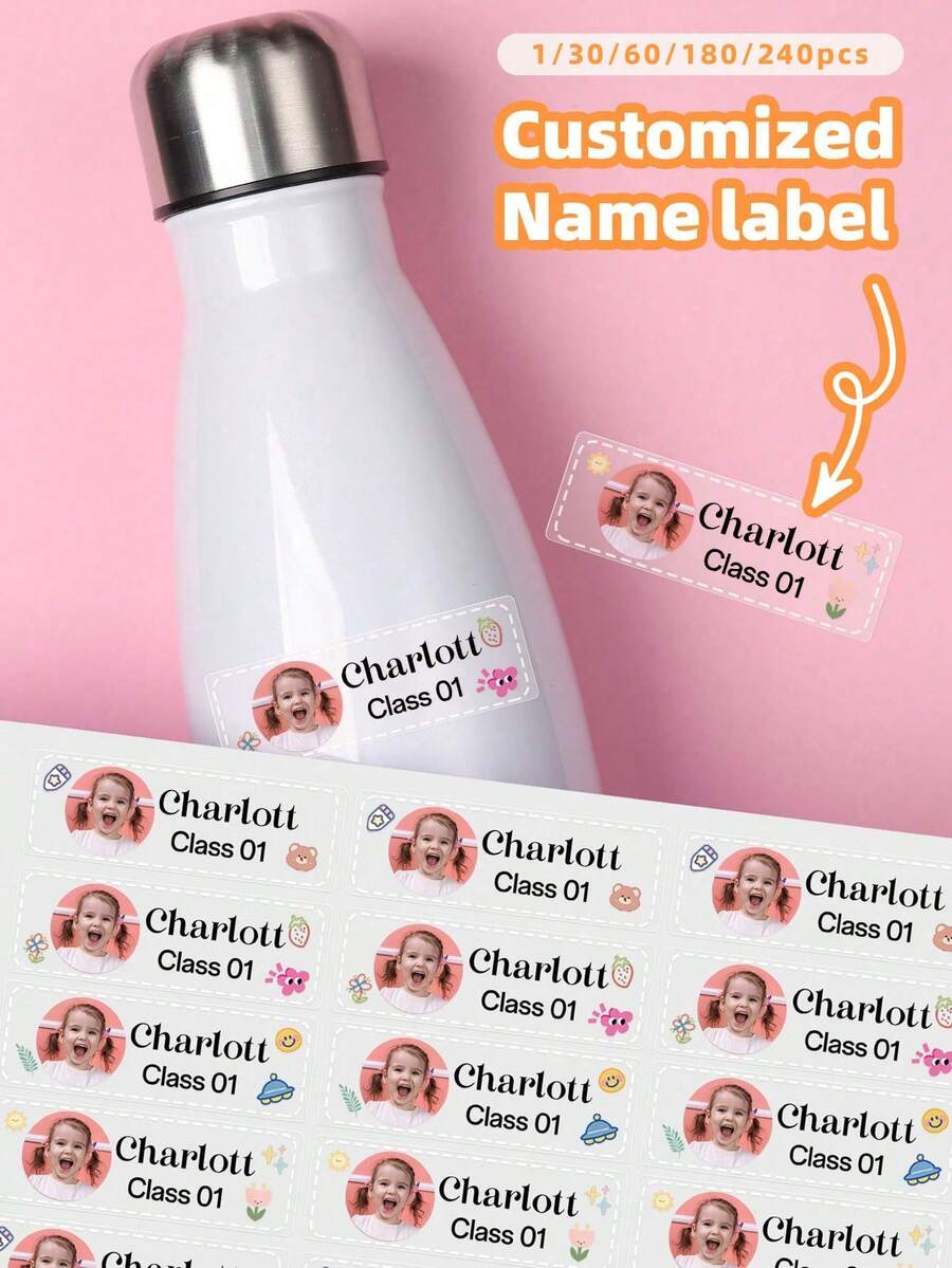 1/30/60/180/240pcs Personalized Photo & Name Stickers, Back To School Labels With Photo And Text, Transparent Waterproof PVC Self-Adhesive Labels, Suitable For Backpacks, Water Bottles, Lunch Boxes, Notebooks, Pencils, Personalized Gifts, Daycare - Multicolor - View 1