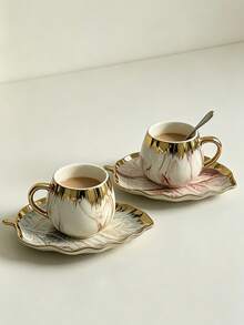 1/4 Sets 90ml Gold Rim Gradient Ceramic Cup & Saucer With Leaf Tray, European Luxury Coffee Mug Set With Leaf-Shaped Saucer.For Espresso Cup,Latte,Tea, Ideal For Afternoon Tea, Party,Wedding,Home Decor,Gift For Birthday,Easter,Back-To-School,Easter - Multicolor - View 2