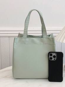 Bolsa de Almuerzo Aislada de unicolor Portátil, Caja de Almuerzo y Bolsa de Frutas Gruesa y Linda para Estudiantes - Verde - Ver 2