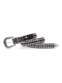 Unisex Rhinestone Belt, Western Cowboy Street Fashion Colorful Rhinestone Studded Design Leather Belt - Blue - View 7