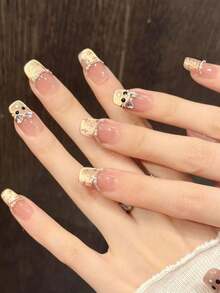 10 piezas de uñas postizas cuadradas medianas hechas a mano para fiestas y uso diario, uñas color champán, tono melocotón con efecto ojo de gato, estilo francés pintado a mano, suaves y lindas, uñas postizas talla grande vendidas. Brillantes, uñas de verano, adecuadas para niñas y mujeres en festivales, fiestas y uso diario. - Champán - Ver 3