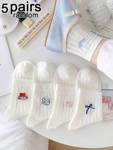 5 Paar zufällig sortierte Damen-Socken in Reinweiß mit Cartoon-Tier-Schleifenmuster, atmungsaktiv, frisch, süß, im mädchenhaften Stil, mittellange Socken, geeignet für den täglichen Gebrauch, Zuhause und als Geschenk - Verschiedenfarbig - Übersicht 2