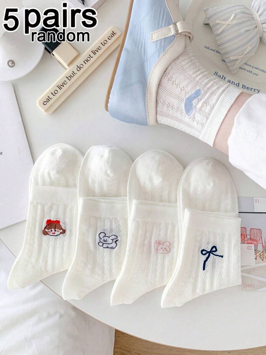 5 Paar zufällig sortierte Damen-Socken in Reinweiß mit Cartoon-Tier-Schleifenmuster, atmungsaktiv, frisch, süß, im mädchenhaften Stil, mittellange Socken, geeignet für den täglichen Gebrauch, Zuhause und als Geschenk