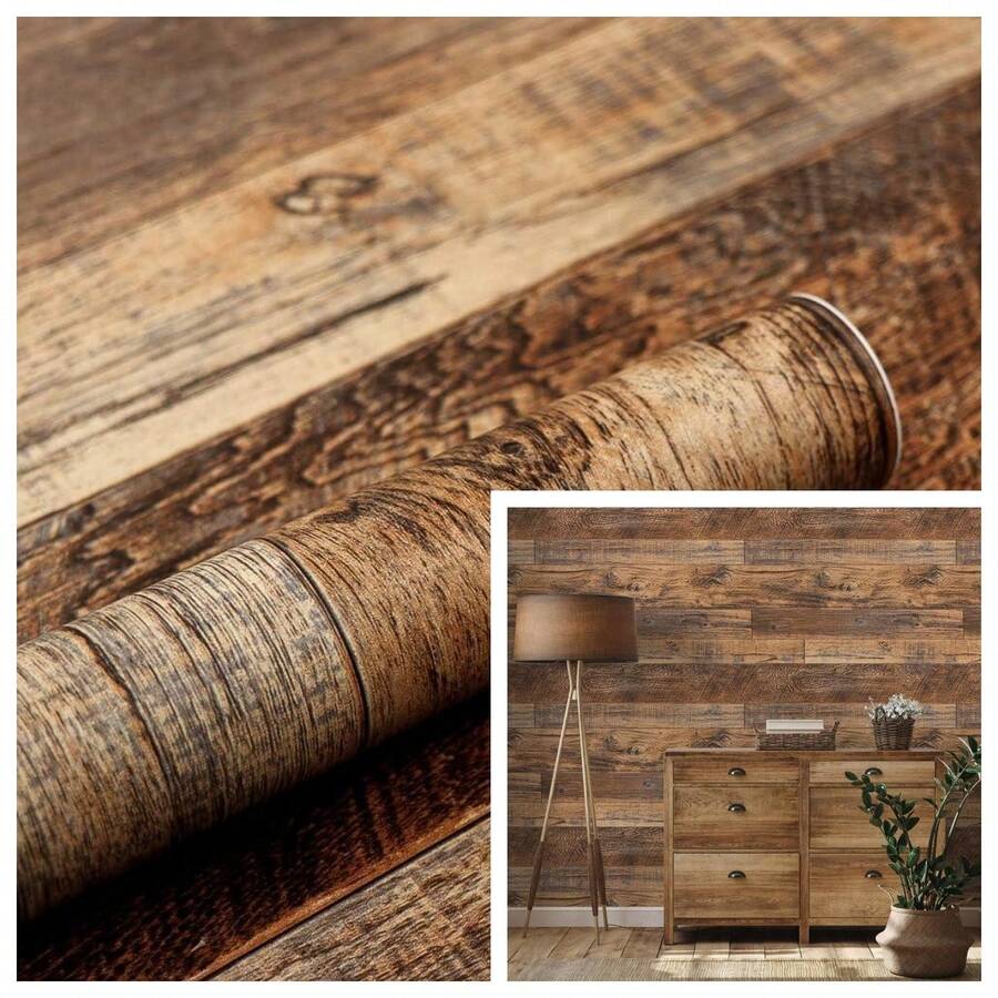 Rustic Wood Plank Peel And Stick Wallpaper 1 Roll 45cm*5m, Vintage Distressed Brown Wooden Contact Paper, Removable Self Adhesive Wall Sticker For Living Room Bedroom Accent Wall