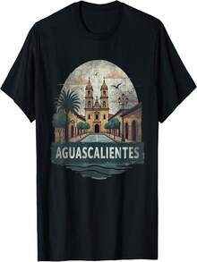 Commemorative T-Shirt Featuring The Retro Landscape Of Aguascalientes - Black - View 1