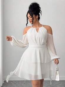 Vestido de mujer con cuello corazón, mangas farol y hombros descubiertos de unicolor - Multicolor - Ver 6
