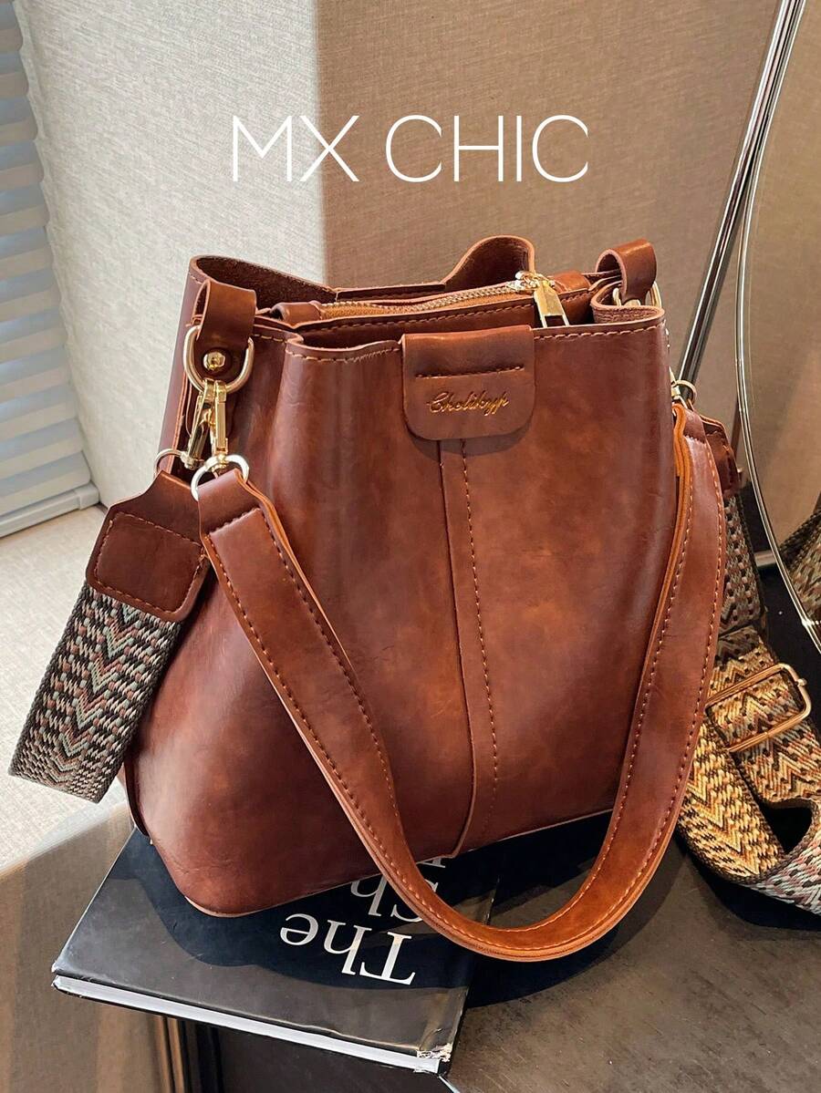 Bolso de cubo de unicolor con textura PU, bolso de hombro versátil y vintage para mujer, verano - Marrón - Ver 1