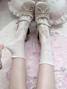 1 Pair Women's Sweet Ballet Style Ruffled Calf Socks, Summer Thin Breathable Hollow Mesh Lace Trim Lolita Short Socks - Multicolor - View 7