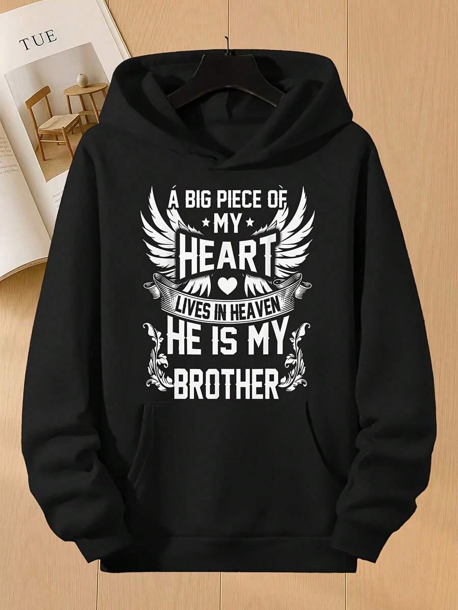 Sudadera con Capucha Conmemorativa para Hombre "Mi Hermano, Mi Ángel en el Cielo" - Sudadera Urbana con Estampado de Alas de Ángel y Corazón, Sudadera Negra Duradera con Capucha y Bolsillo, - Negro - Ver 1