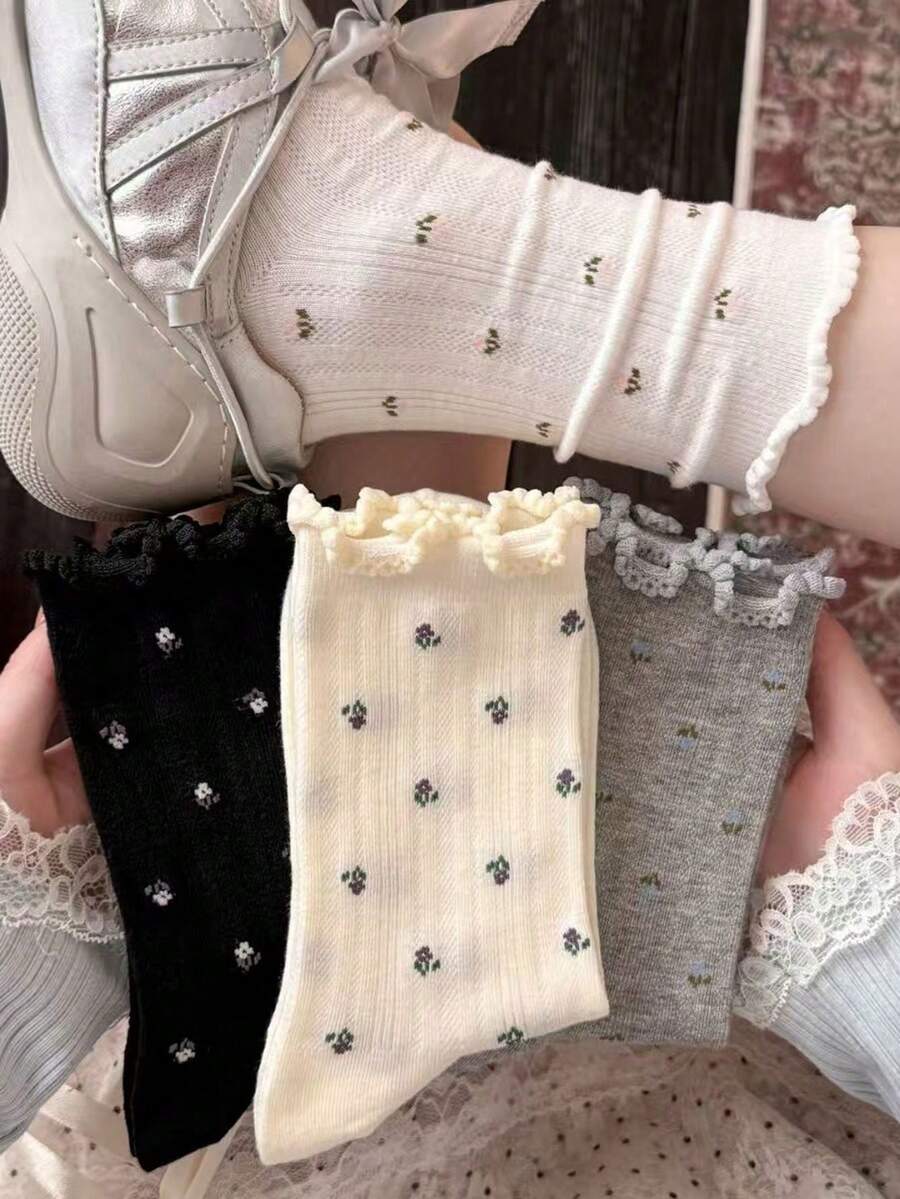 1/4/8/12 pares de calcetines de media caña minimalistas con estampado floral para primavera/verano, calcetines largos de malla con estampado floral japonés, calcetines cortos para mujer, calcetines para estudiantes, calcetines Lolita, calcetines para volver a la escuela, calcetines Lolita, calcetines para niñas, calcetines de media caña para mujer, calcetines de verano, calcetines de otoño, adecuados para uso en el hogar y viajes - Multicolor - Ver 1