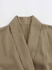 Women's Solid Color Linen-Like Tie-Front Loose Kimono Sleeve Cardigan Jacket, Spring/Autumn - Army Green - View 3
