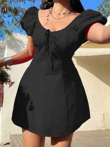 Vestido de verano/primavera de talla grande con cuello redondo, volantes, lazo, diseño romántico, vacaciones, dulce, ajustado, silueta evas - Negro - Ver 1