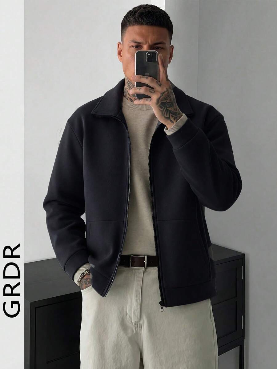 GRDR 时尚拉链卫衣男士外套，舒适保暖，适合秋冬季节，休闲百搭。 - 黑色 - 查看 1