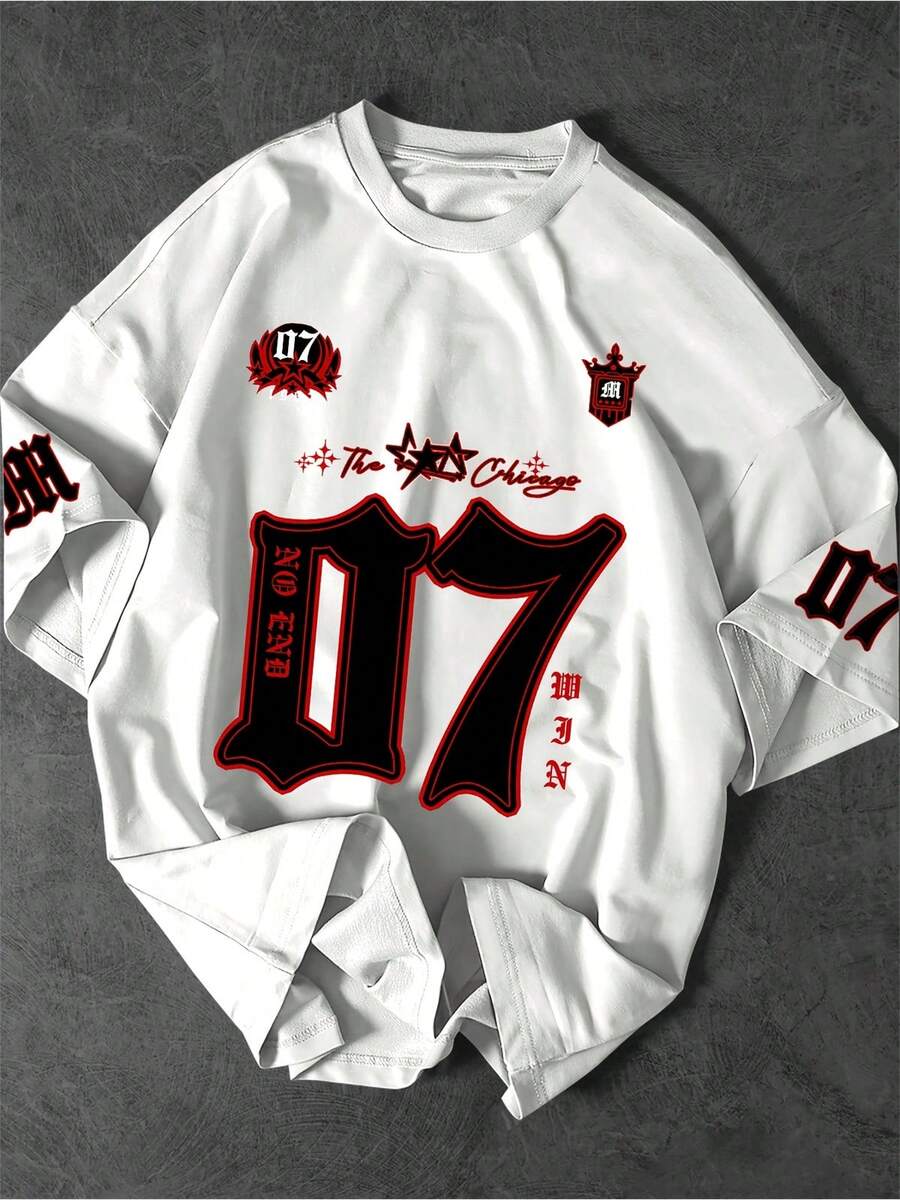 Camiseta Oversize de Manga Corta para Hombre con Estampado '07' - Estilo Urbano Oscuro, Cuello Redondo, Ajuste Holgado, Ideal para Verano y Look Casual. - Multicolor - Ver 1