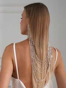 1 pieza Gancho de oreja de moda exagerado largo multicapa con borla de strass personalizado, creativo y versátil - Plateado - Ver 2
