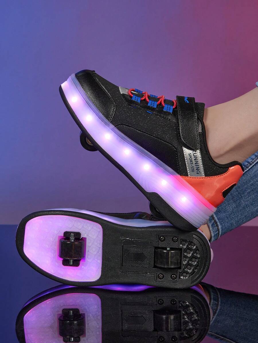 BLSART 1 Pair Kids 4-Wheel Retractable Detachable Light-Up Roller Shoes, Breathable Hook-And-Loop Thick Sole Round Toe Low-Top Student Commuter Skates Sports Shoes - Black - View 1