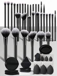 2/6/48Pcs Complete Black Beauty Kit, 32 Multi-Functional Makeup Brushes, Assorted Makeup Sponges, Multi-Style Powder Puffs And Brush Cleaner, Multipurpose Tools For Makeup Application - Black - View 1