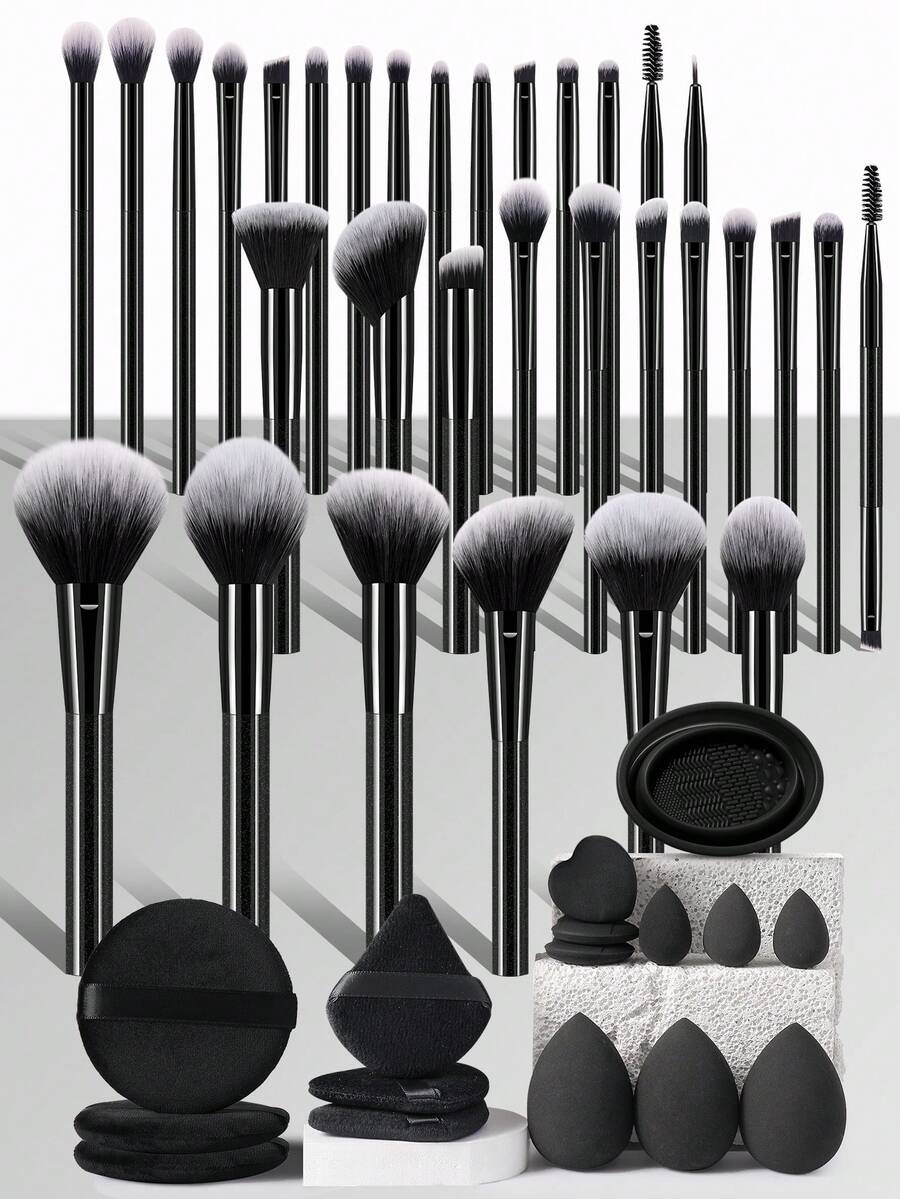 2/6/48Pcs Complete Black Beauty Kit, 32 Multi-Functional Makeup Brushes, Assorted Makeup Sponges, Multi-Style Powder Puffs And Brush Cleaner, Multipurpose Tools For Makeup Application - Black - View 1
