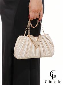 Glamor Vibe Women's Fashion Satin Pleated Box Clutch, Diamond Hardware Flap Design Handbag, Luxurious Exquisite Box Pleated Handbag, Suitable For Weddings, Celebrations, Formal Occasions, Party Clutch/Shoulder Bag, High Quality Apricot Pleated Evening Chain Shoulder/Crossbody Bag - Apricot - View 7