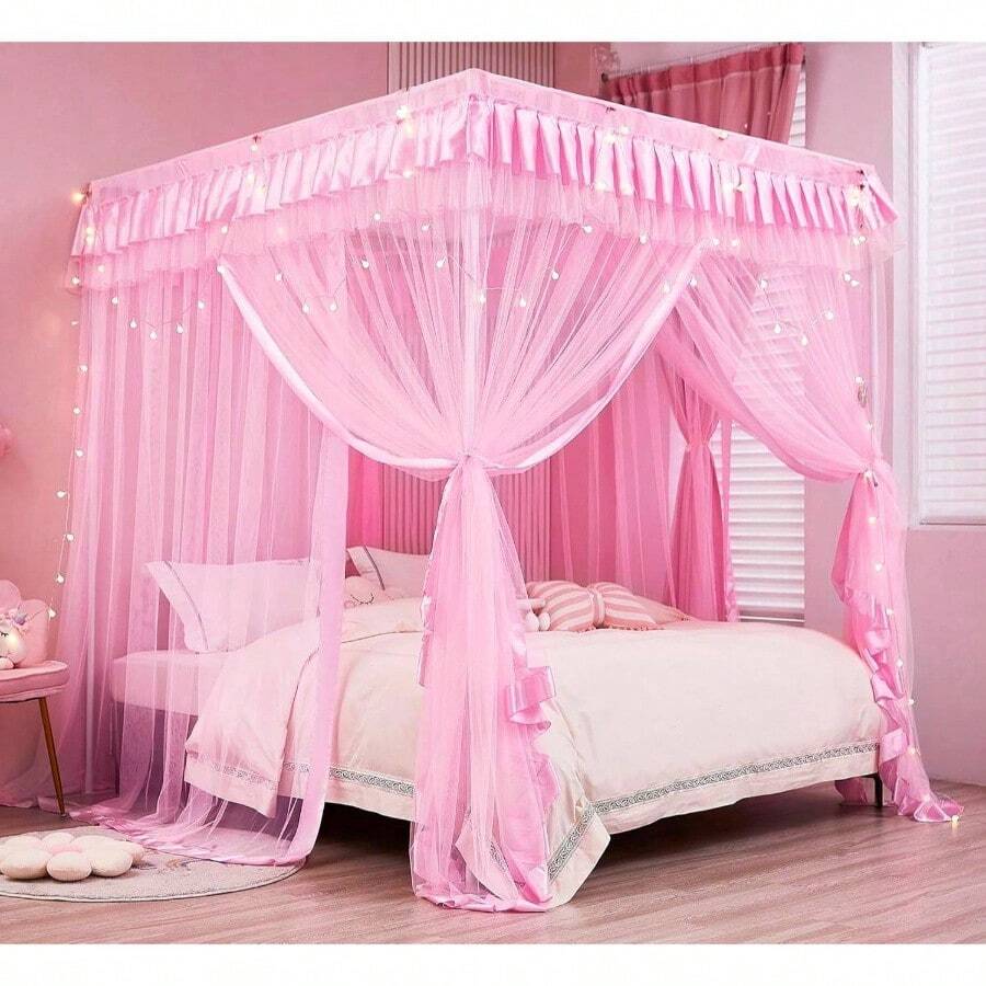 - Doble, rosa - Toldo rosa para cama princesa para nias pequeas, camas individuales, cortinas de malla, mosquitera, regalo de Navidad, regalo de cumpleaos - Individual + Rosa - Ver 1