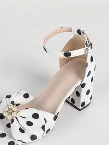 Women's Thick Platform Height-Increasing Bow Decor Polka Dot Print Square Toe Single Ankle Strap Chunky High Heel Sandals French Style Summer White & Black Colorblock Open Toe Shoes - Black and White - View 7