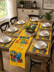 1pc-Back To School Table Runner And Placemats Set, Yellow School Bus Linen Table Decor With Books, Apple, Globe And Stars For Welcome Back Party, Teacher Classroom, Dining Room And Kitchen - Multicolor - View 9