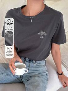 Short-Sleeved T-Shirt With Letter Print - Dark Grey - View 1