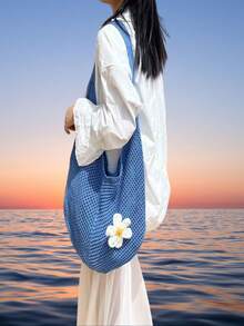 1PCS Blue Large Capacity Beach Tote Bag Women Lightweight Reusable Shoulder Bag For Swim Travel Picnic Daily - Blue - View 3
