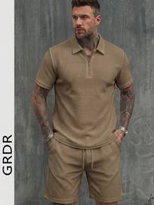 GRDR 男士华夫格纹 Polo 衫和短裤两件套，休闲通勤舒适简约风 - 卡其色 - 查看 2