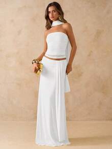 Set de 2 piezas compuesto por top bandeau plisado de color rosa sólido y falda larga plisada de talle bajo con volantes, atuendo de playa, - Blanco - Ver 5