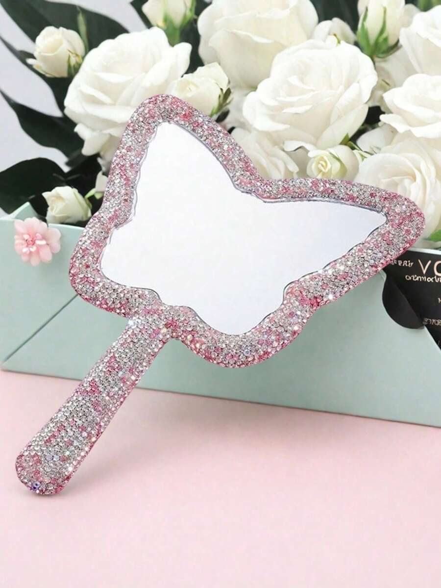 Espejo de maquillaje de mano con pedrería ElegantBeauty, marco de ABS dorado, espejo compacto portátil, espejo de retoque para novias & mujeres - Multicolor - Ver 1