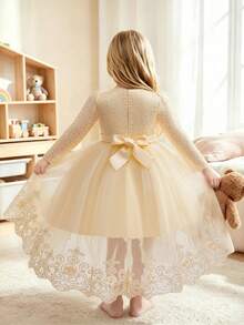 Young Girls Shiny Princess Tulle Dress, Decorated With Lace And Beaded Details, Elegant Long Sleeve Mesh Overlay Party Dress, Suitable For Flower Girl, Wedding, Birthday Party And Other Formal Occasions, Polyester Party Dress For All Seasons - Champagne - View 3