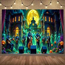Customize A Halloween Happy And Skull Music Party Garage Backdrop, A Spooky Garage Hanging Backdrop Decoration, A Halloween Backdrop. - Multicolor - View 1