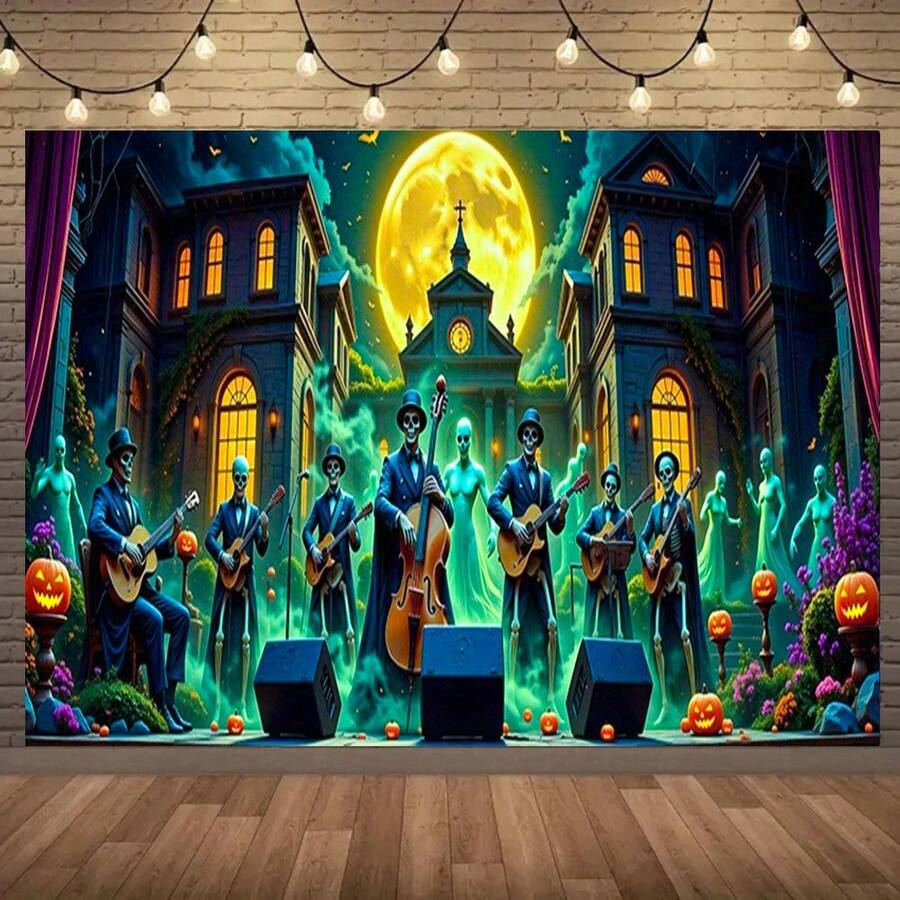 Customize A Halloween Happy And Skull Music Party Garage Backdrop, A Spooky Garage Hanging Backdrop Decoration, A Halloween Backdrop. - Multicolor - View 1