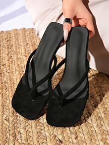 New Summer Women Shoes, Brown Suede Mid-Heel Sandals - Black - View 6