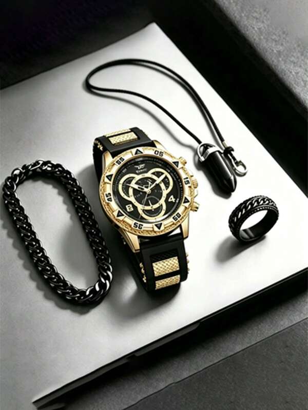 4pcs Men's Black Gold Sports Quartz Watch, Silicone Strap Chronograph Watch, With Bracelet + Ring + Necklace, Suitable For Daily Wear