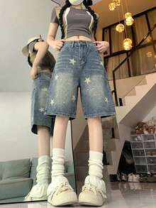 YCYC 美式復古牛仔 5 吋女款短褲，街頭直筒寬鬆修身顯瘦寬腿褲 - 淺色水洗藍 - 查看 5