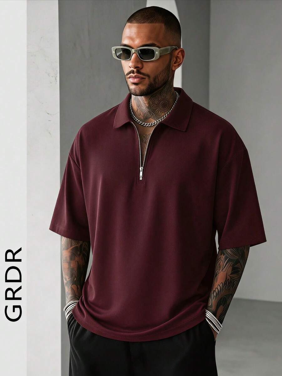 GRDR 男士夏季半拉链 Polo 衫,纯色经典短袖,适合户外休闲穿着 - 酒紅色 - 查看 1