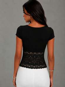 Women's Lace Patchwork Slim Fit Casual Blouse - Black - View 2