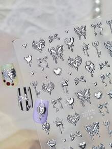 1 3D Silber Metall Nagelkunst Luxus Aufkleber, Schmetterling, Herz, Schleife, Schlüssel Muster, selbstklebender Aufkleber, Y2K Stil Nagelkunst Charm Dekoration Nagel Aufkleber DIY - Silber - Übersicht 4