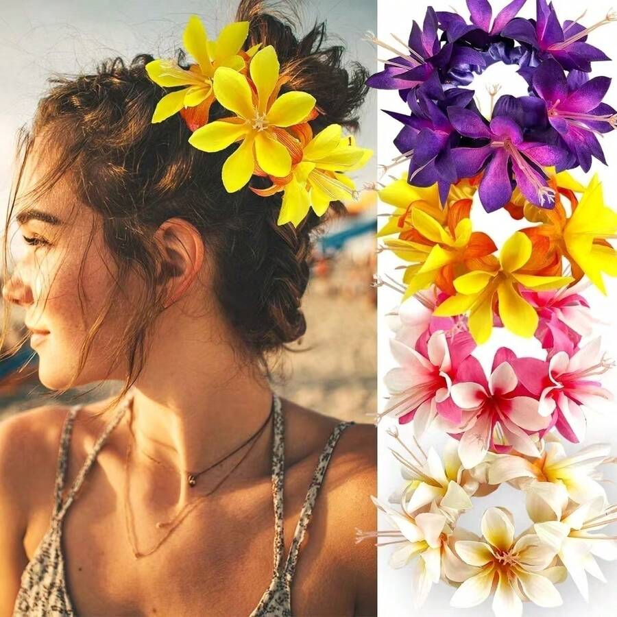 1件裝花卉印花波希米亞風壓克力雙色百合花髮圈,氛圍感夏威夷海灘度假風拍照道具髮帶,四季通用髮飾 - 彩色 - 查看 1