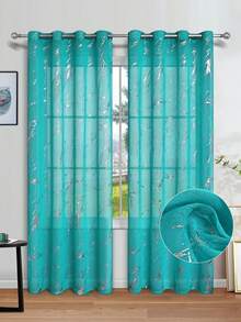 2 Paneles De Cortinas Modernas De Gasa Decorativa De Poliéster Rosa Con Ojales Plateados, Patrón De Línea Para Separar El Salón Y Dormitorio - verde malaquita - Ver 7