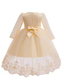 Young Girls Shiny Princess Tulle Dress, Decorated With Lace And Beaded Details, Elegant Long Sleeve Mesh Overlay Party Dress, Suitable For Flower Girl, Wedding, Birthday Party And Other Formal Occasions, Polyester Party Dress For All Seasons - Champagne - View 8